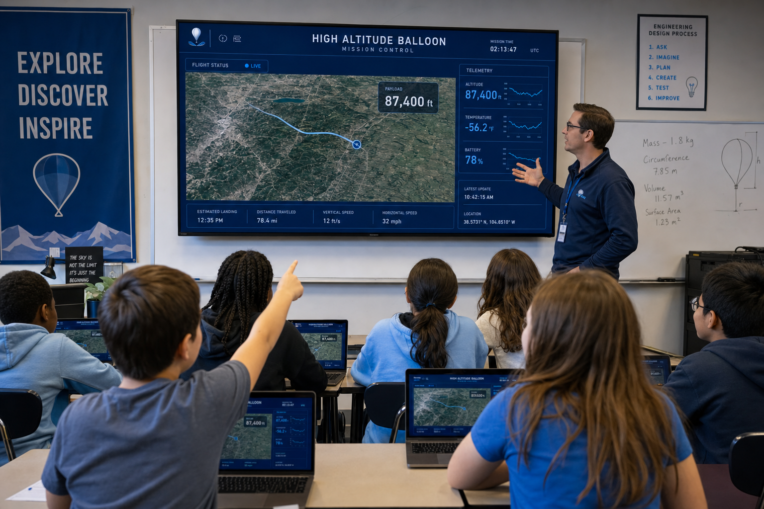 Students in a classroom watching a live high-altitude balloon mission on a large screen while their teacher points out the flight path