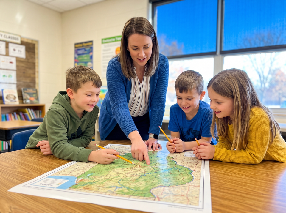 A 3rd-grade teacher helping students plan a flight path on a classroom map