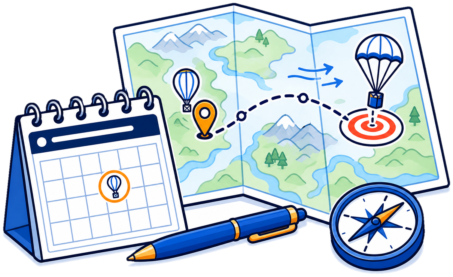 Mission planning scene: a calendar with the launch day circled, a map showing the launch site, predicted flight path, and landing zone target