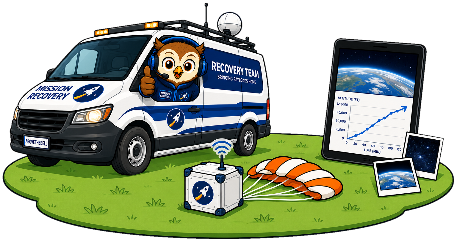Recovery scene: the Above the Bell recovery van arriving at the landed payload capsule with its parachute, and a tablet showing near-space photos and flight data