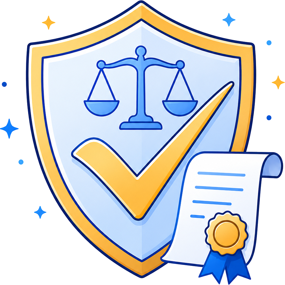 Safety shield with balance scales, approval checkmark, and a certified launch permit