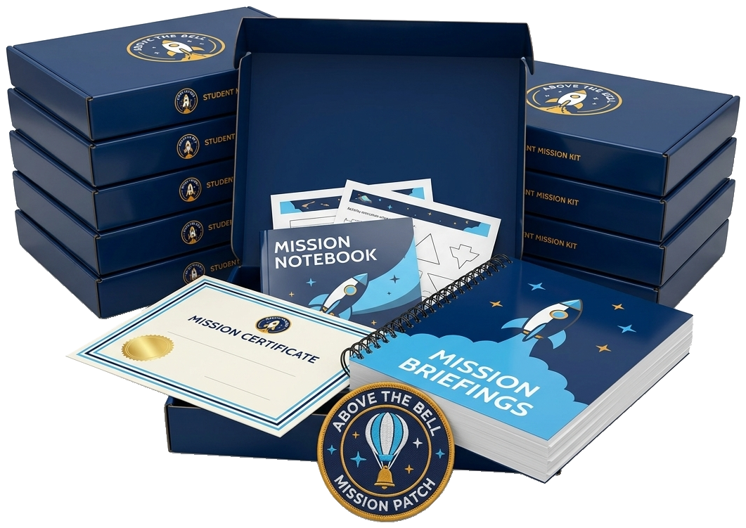 Stacks of Above the Bell student mission kit boxes, one per student, with one box open showing the mission briefings workbook, mission notebook with activity pages, an embroidered mission patch, and a mission certificate