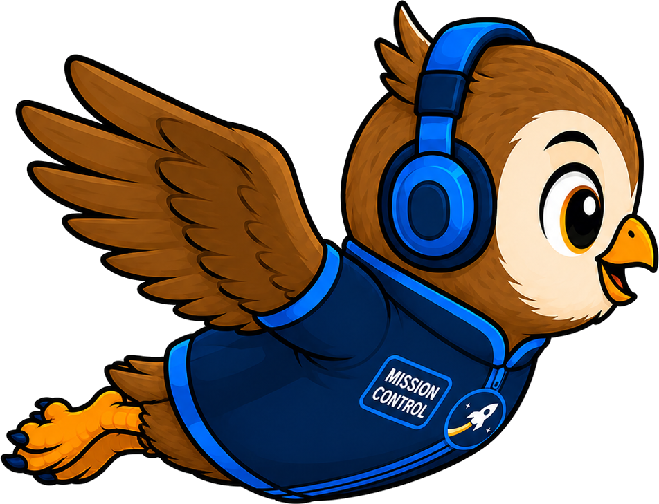 Wrigley, the Above the Bell mission owl, flying with his aviator goggles on