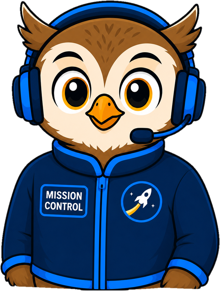 Wrigley, the Above the Bell mission owl, wearing his Mission Control headset