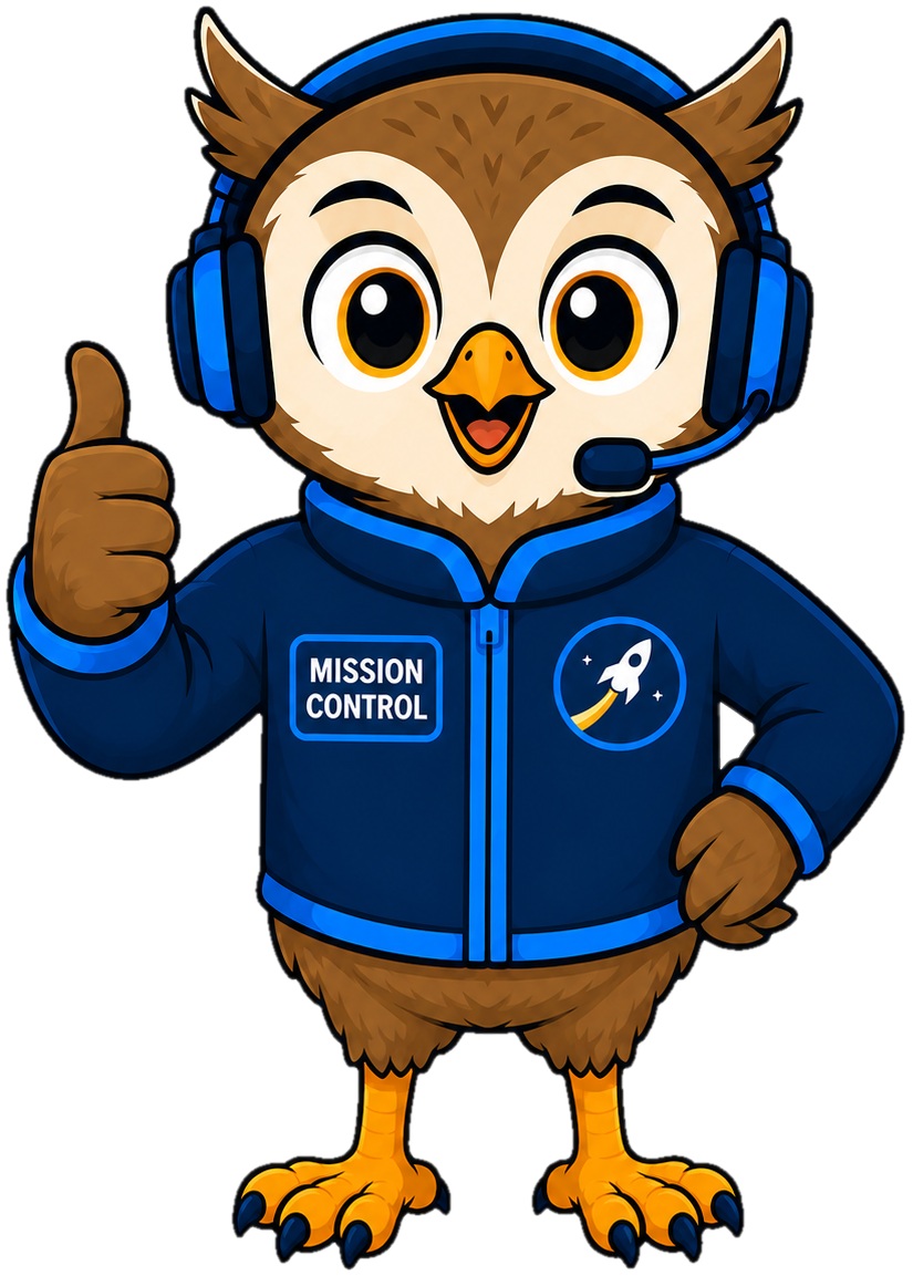 Wrigley, the Above the Bell mission owl, giving a thumbs up